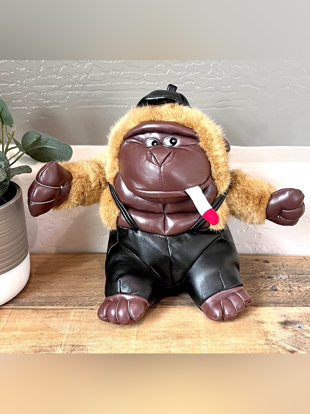 Vintage Yes Club Smoking Gorilla Plush Leather Like Biker Ape, Super Cool